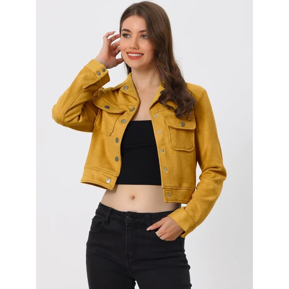 ALLEGRA K Amazon Faux Suede Snap Button Crop Jacket Size S Mustard Yellow NWT A3 - Picture 1 of 7